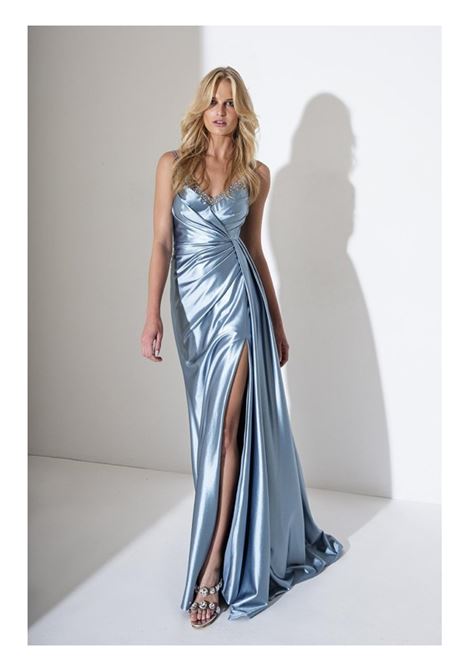 ABITO TESSUTO LAMINATO LUNGO CON SPACCO ALLURE | Abiti | A4229LIGHT BLUE